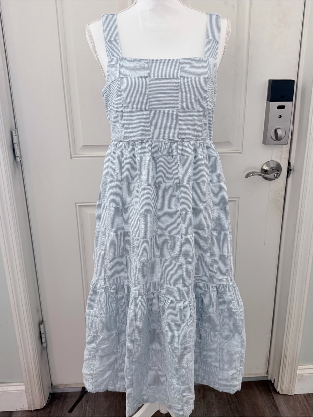 Madewell Cicely Tiered Midi Dress 8 | Blue White Patchwork Boho